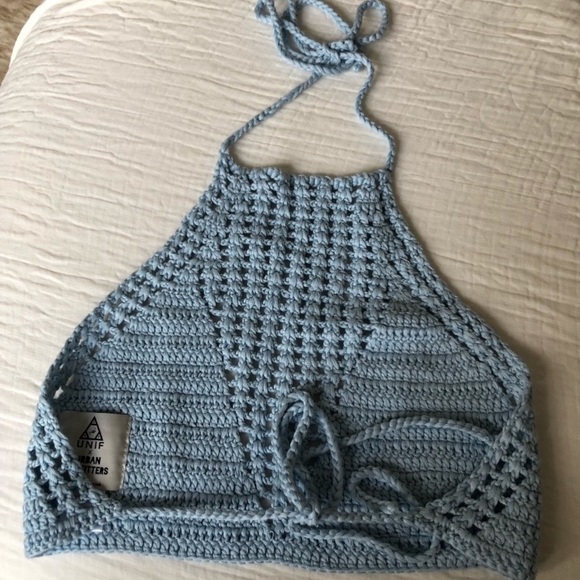 UNIF x Urban Outfitters UO Crochet Blue High Neck Tie Halter Knit Crop Top L - Picture 5 of 5